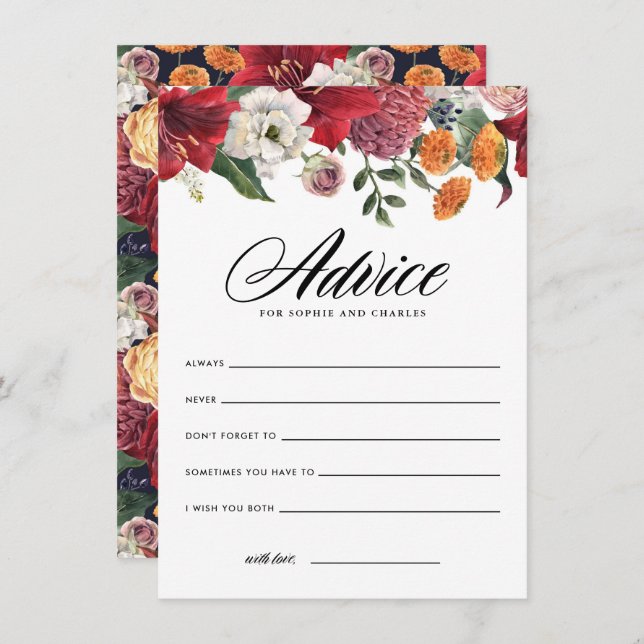 Tarjeta De Recepción Consejos y deseos de boda con acuarela de amarilis (Anverso / Reverso)