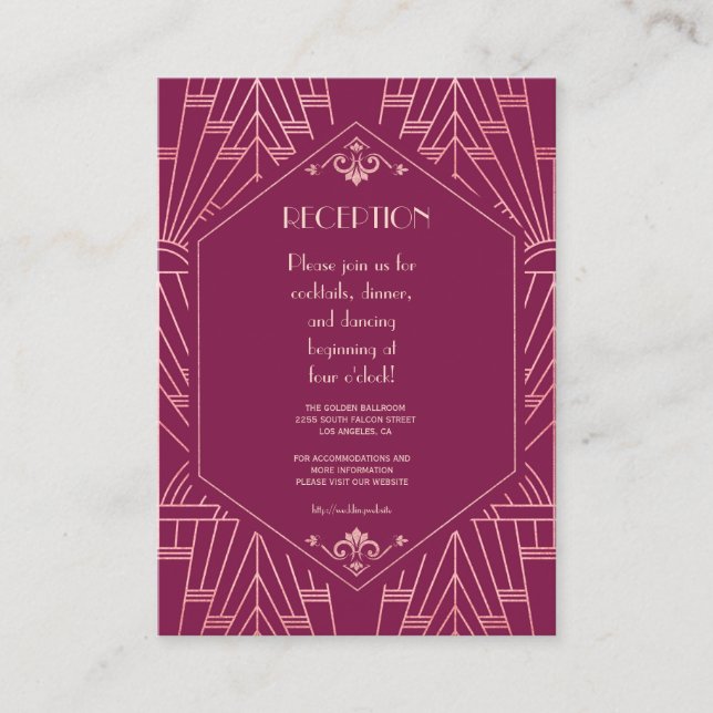 Tarjeta De Recepción Cooper Rosa Gran Gatsby Boda de los años 20 (Anverso)