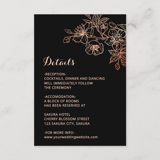 Tarjeta De Recepción Copper Black Floral Line Art Wedding (Anverso)