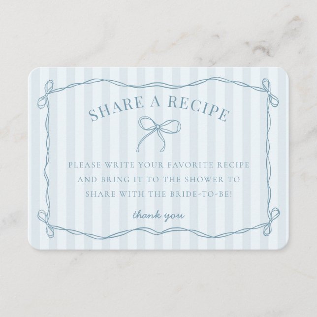 Tarjeta De Recepción Coqueta Azul Bow Pastel Bridal Compartir una recet (Anverso)