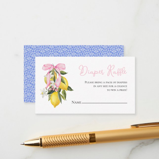 Tarjeta De Recepción Coqueta Lemon Pink Bow ducha bebé Diaper Raffle (Anverso/Reverso In Situ)