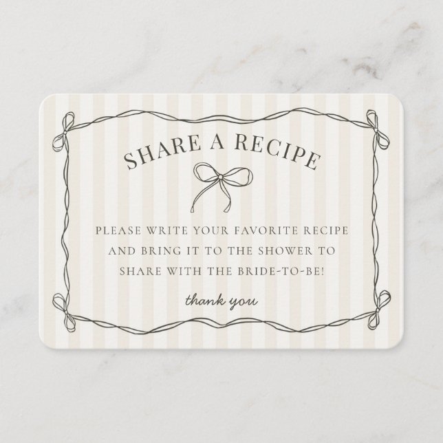 Tarjeta De Recepción Coqueta Negra Bow Beige Bridal Comparte Una Receta (Anverso)