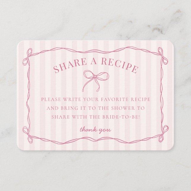 Tarjeta De Recepción Coqueta Rosa Bow Pastel Bridal Comparte Una Receta (Anverso)