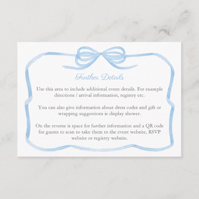 Tarjeta De Recepción Coquette Blue Bow Wedding Shower Detalles Código Q (Anverso)