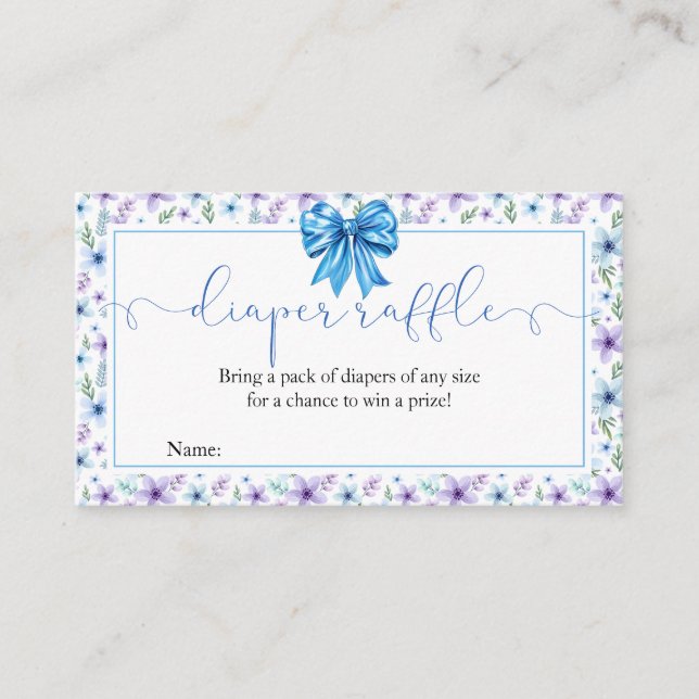 Tarjeta De Recepción Coquette Bow Wildflowers Blue Diaper Raffle Card (Anverso)