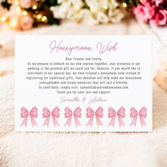 Tarjeta De Recepción Coquette Pink Bow Honeymoon Wish Bridal Shower (Coquette Pink Bow Honeymoon Wish Bridal Shower Enclosure Card)