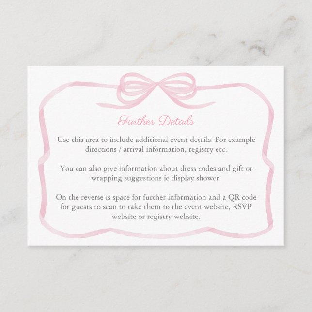 Tarjeta De Recepción Coquette rosa Bow Bridal Shower Detalles del códig (Anverso)