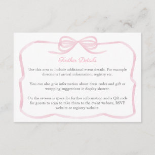 Tarjeta De Recepción Coquette rosa Bow Bridal Shower Detalles del códig