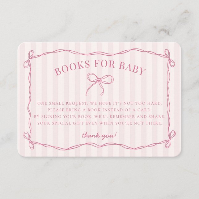 Tarjeta De Recepción Coquette rosa Bow Pastel Ducha Libros para Bebés (Anverso)