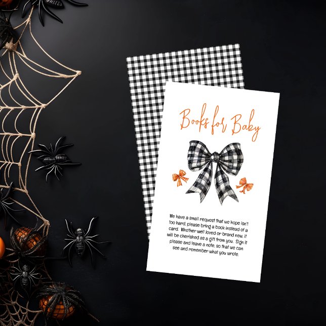 Tarjeta De Recepción Coquette se inclina por libros Baby Shower de Hall (Halloween Coquette Black | Orange Bows Girl Baby Shower Books for Baby Enclosure Insert Card)