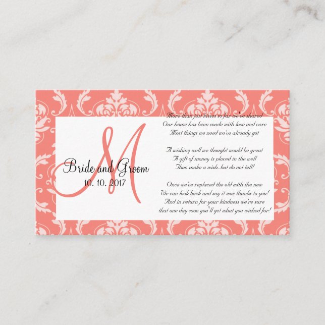 Tarjeta De Recepción Coral Damask Wedding Wing Well Card (Anverso)