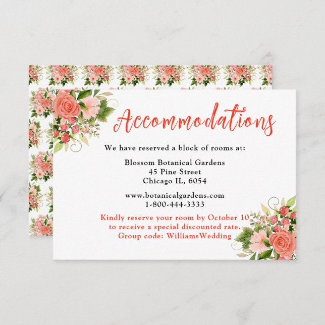 Tarjeta De Recepción Coral Red Roses with Foliage (Anverso / Reverso)