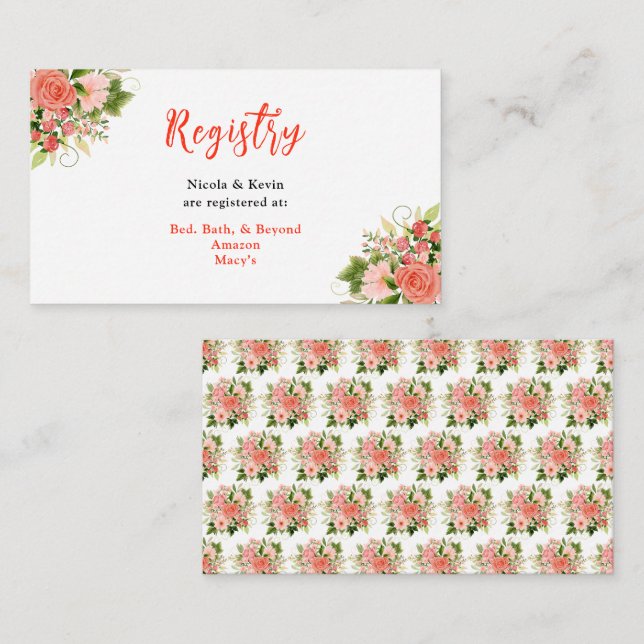 Tarjeta De Recepción Coral Red Roses with Foliage (Anverso / Reverso)