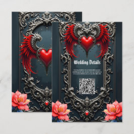 Tarjeta De Recepción Corazón Alado Carmesí Romance Gótico Elegante .