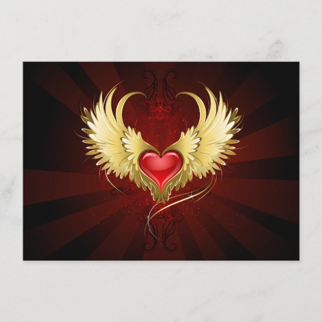 Tarjeta De Recepción Corazón Rojo con Alas Doradas (Anverso)