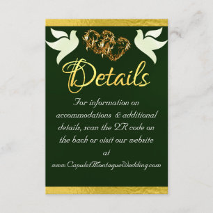 Tarjeta De Recepción Corazón y palomas, código QR - Esmeralda/Oro