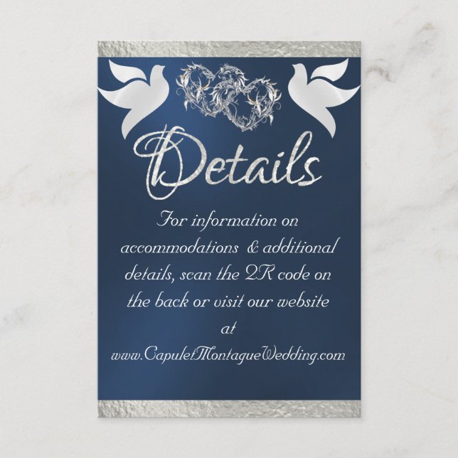 Tarjeta De Recepción Corazón y palomas, código QR - plata (Anverso)