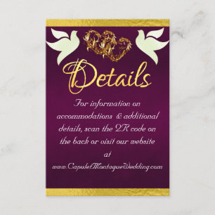 Tarjeta De Recepción Corazón y palomas, código QR - Púrpura/Oro