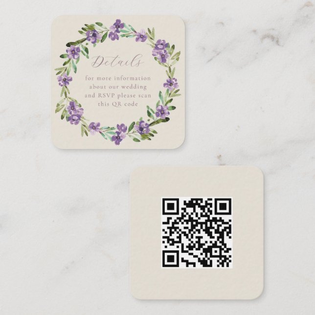 Tarjeta De Recepción Corona Botánica Morada Código QR Boda (Anverso / Reverso)