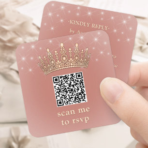 Tarjeta De Recepción Corona de oro rosa Quinceañera Escanea mi código Q