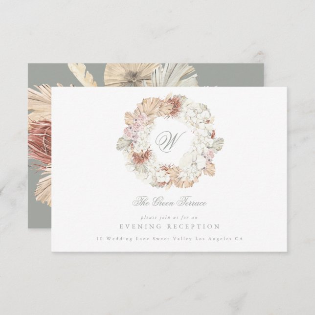 Tarjeta De Recepción Corona de Pampas Musgo Verde Sage Monograma Elegan (Anverso / Reverso)