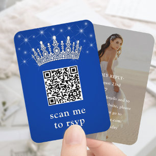 Tarjeta De Recepción Corona de Quinceañera Azul Real y Estrellas QR RSV