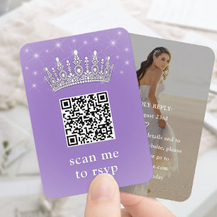 Tarjeta De Recepción Corona de Quinceañera Lilac Purple QR RSVP y Foto