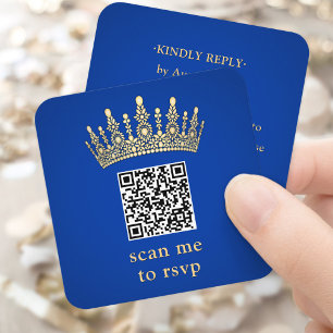 Tarjeta De Recepción Corona Dorada Royal Azul Quinceañera Escanearme QR