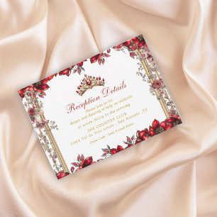 Tarjeta De Recepción Corona Floral Quinceañera Tiara Dorada Roja
