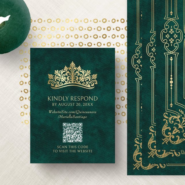 Tarjeta De Recepción Corona verde tiara QR RSVP Quinceanera (Subido por el creador)