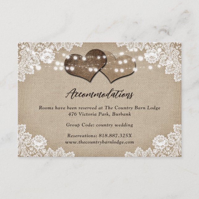 Tarjeta De Recepción Country Hearts Boda Hotel Alojamiento Card (Anverso)
