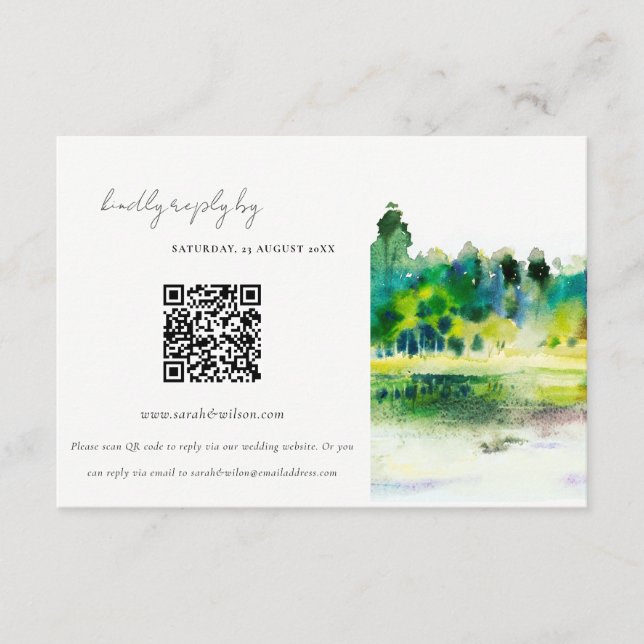 Tarjeta De Recepción Country Hills River Landscape Boda Código QR RSVP (Anverso)