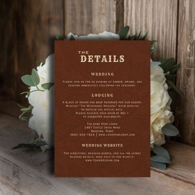 Tarjeta De Recepción Country Terracotta Wedding Details Enclosure Card (country rustic cowboy wedding details card faux tooled leather terracotta rust western)
