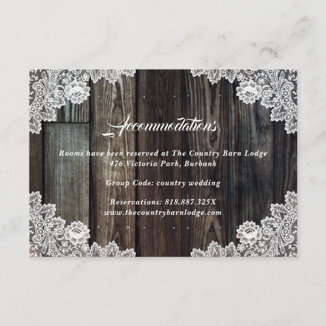 Tarjeta De Recepción Country Wood Lace Boda Hotel Alojamiento Card (Anverso)