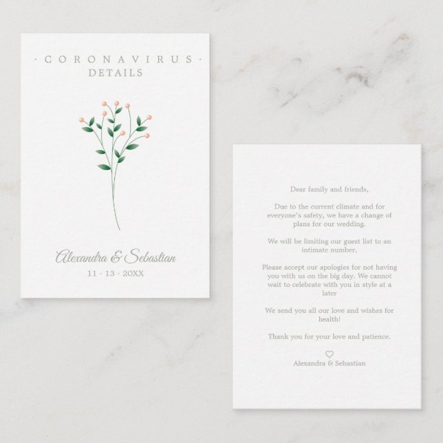 Tarjeta De Recepción Covid Details Sophisticated Coral Elegant Branches (Anverso / Reverso)