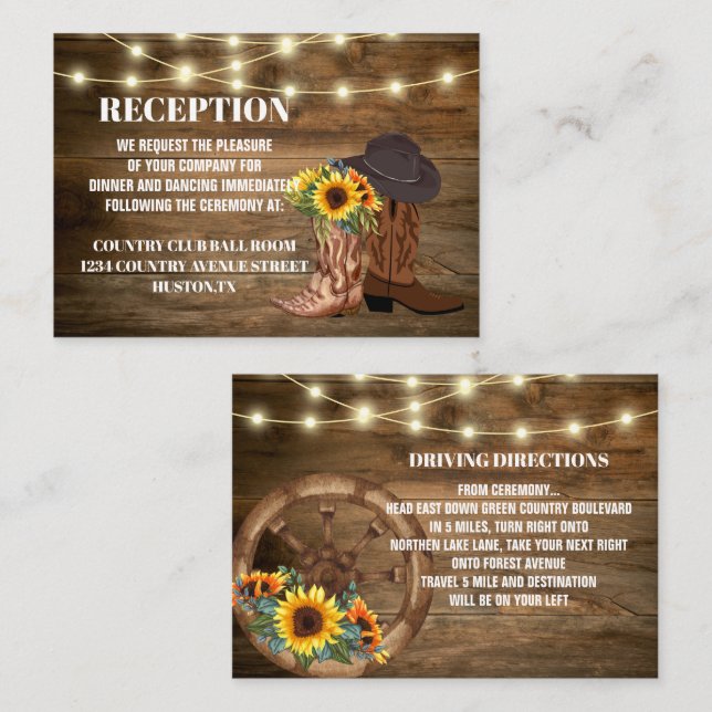 Tarjeta De Recepción Cowboy Boots Girasol dirección Boda occidental (Anverso / Reverso)