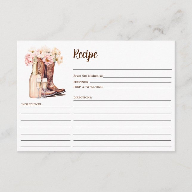 Tarjeta De Recepción Cowgirl Boots Country Peonys Bridal Shower RECIPE (Anverso)