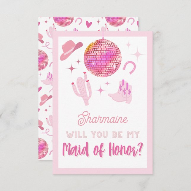 Tarjeta De Recepción Cowgirl Rodeo de discoteca rosada ser mi empleada  (Anverso / Reverso)