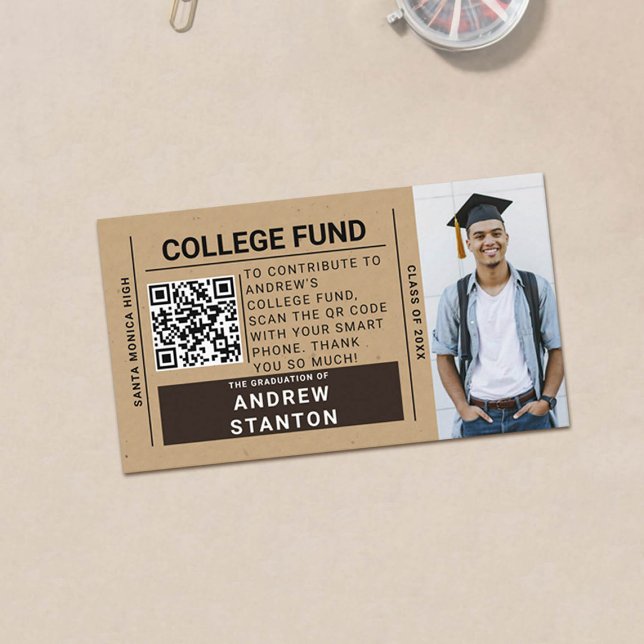 Tarjeta De Recepción Craft Tartan Plaid Boy Graduation College Fund QR (rustic craft graduation photo college fund enclosure card)