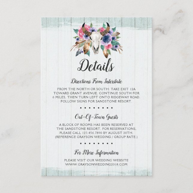 Tarjeta De Recepción Cráneo de Vaca Floral Rústico Detalles Boho / Inst (Anverso)