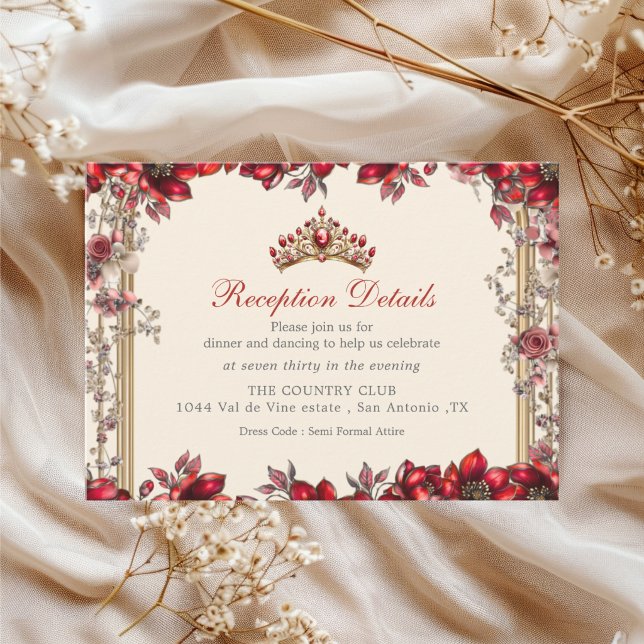 Tarjeta De Recepción Cream and Red Golden Tiara Floral Quinceañera (Subido por el creador)