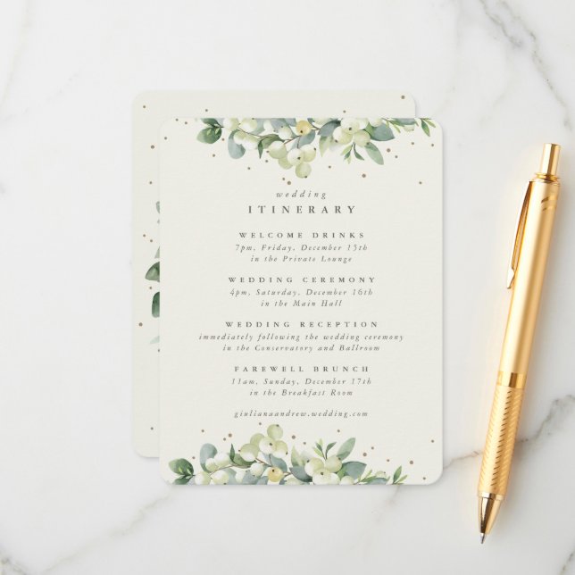 Tarjeta De Recepción Cream Snowberry+Eucalyptus Edged Boda Itinerary (Anverso/Reverso In Situ)