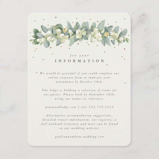 Tarjeta De Recepción Cream Snowberry+Eucalyptus Garland Boda Info (Anverso)
