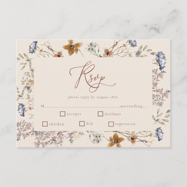 Tarjeta De Recepción Cream Watercolor Wildflowers Calligraphy RSVP (Anverso)