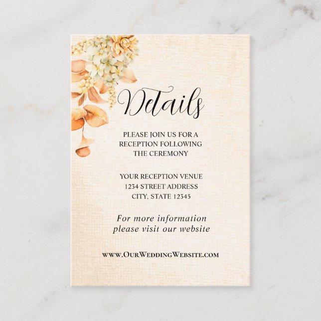 Tarjeta De Recepción Crema y Naranja Boda floral otoñal (Anverso)