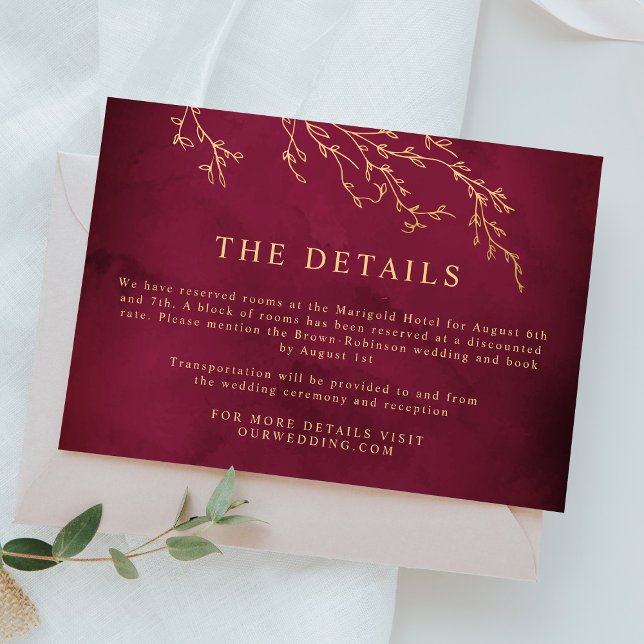 Tarjeta De Recepción Crimson Red & Gold Boda Botánica Elegante (Subido por el creador)