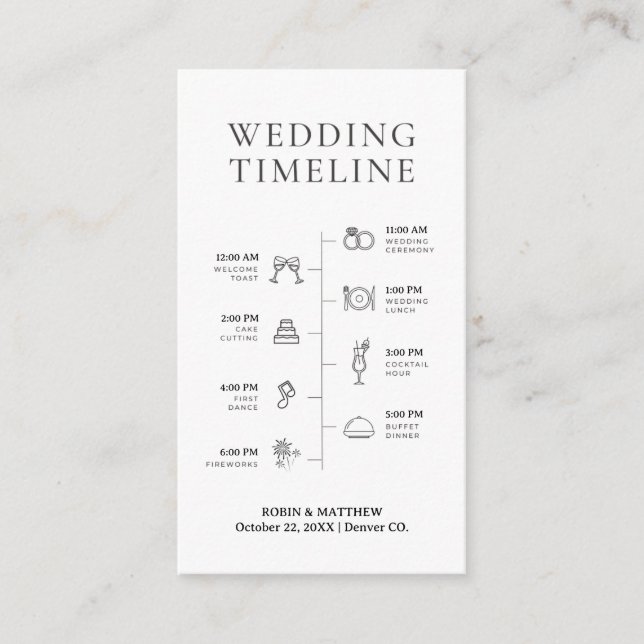 Tarjeta De Recepción Cronología simple y elegante de Boda blanco y negr (Anverso)