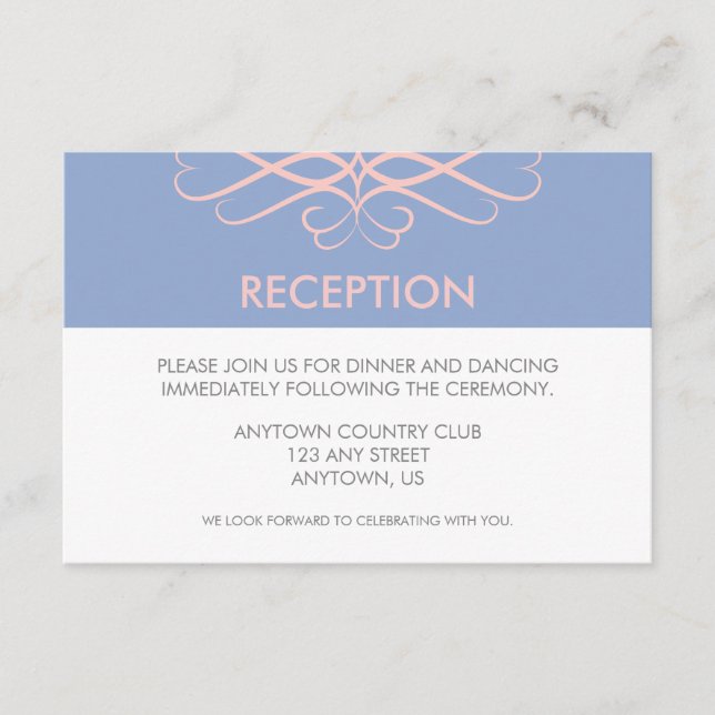 Tarjeta De Recepción Cuarzo Rosa y Azul, Elegantes Flores de Boda (Anverso)