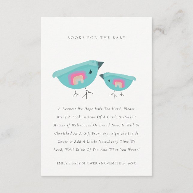 Tarjeta De Recepción Cuidados Libros De Aves Azules Arcoiris Para Baby  (Anverso)
