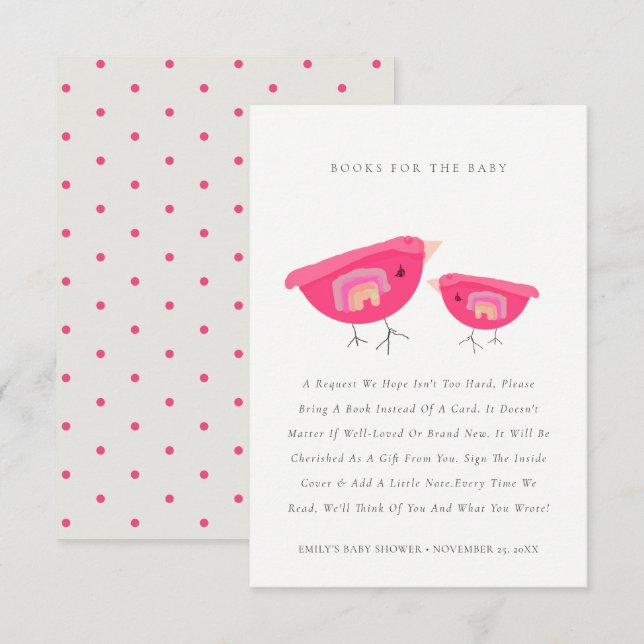 Tarjeta De Recepción Cuidados Libros De Aves Rosa Arcoiris Para Baby Sh (Anverso / Reverso)